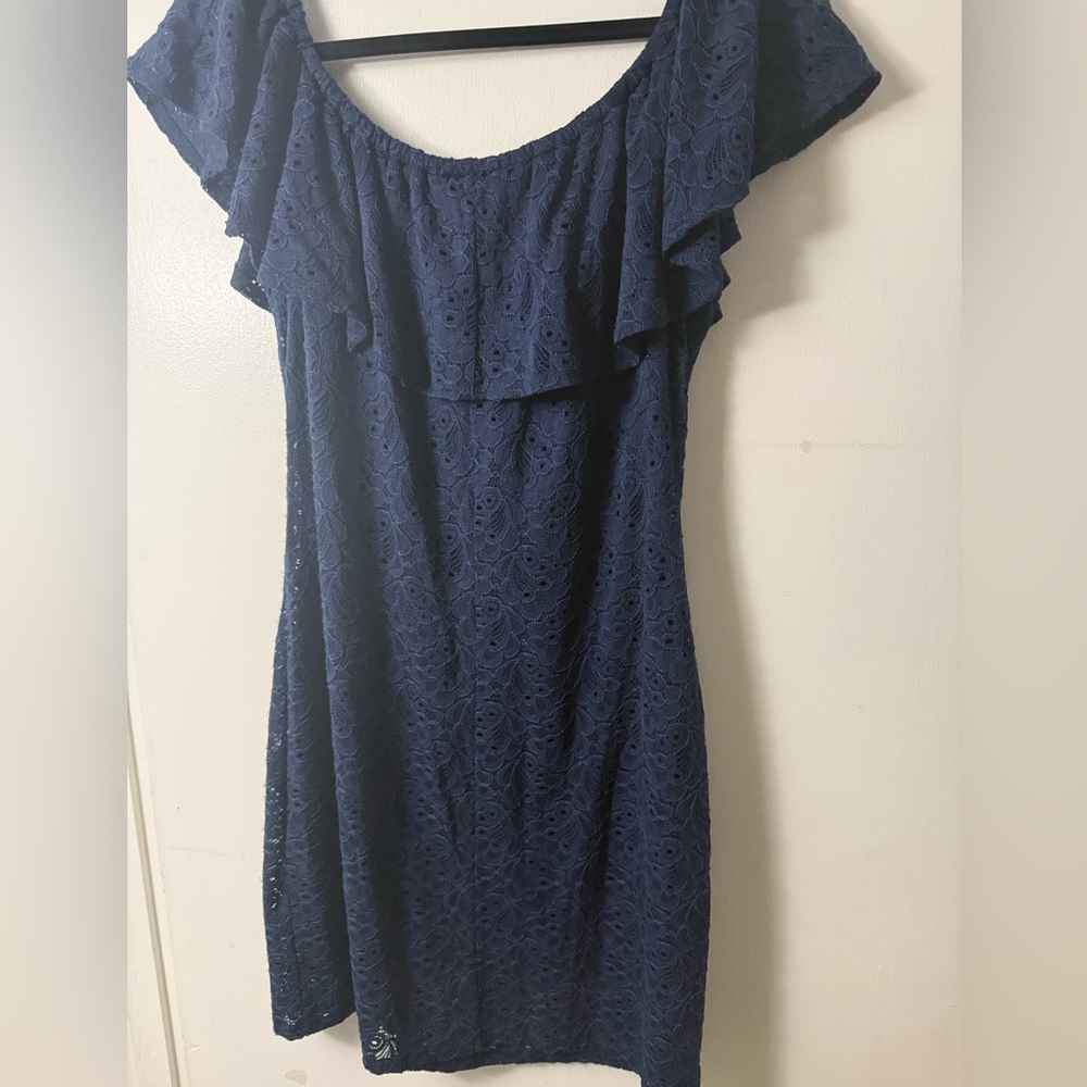 Tiana B Navy Blue Lace Off-Shoulder Ruffle Dress - fully lined